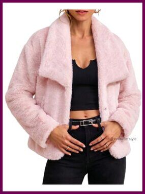 Faux Fur Jacket Long Sleeve Relaxed Fit Snap Button Winter Coat